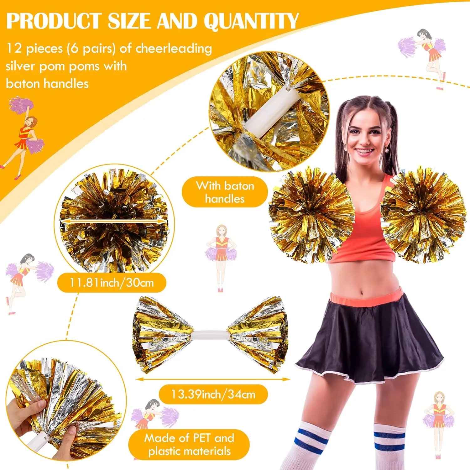 WILLBOND 12 Pack Cheerleading Pom Poms with Baton Handle Plastic Ring Metallic Foil Cheerleader Pompoms for Adult Team Squad Dance Sports Party 2025 Soccer(Gold and Silver,Medium)