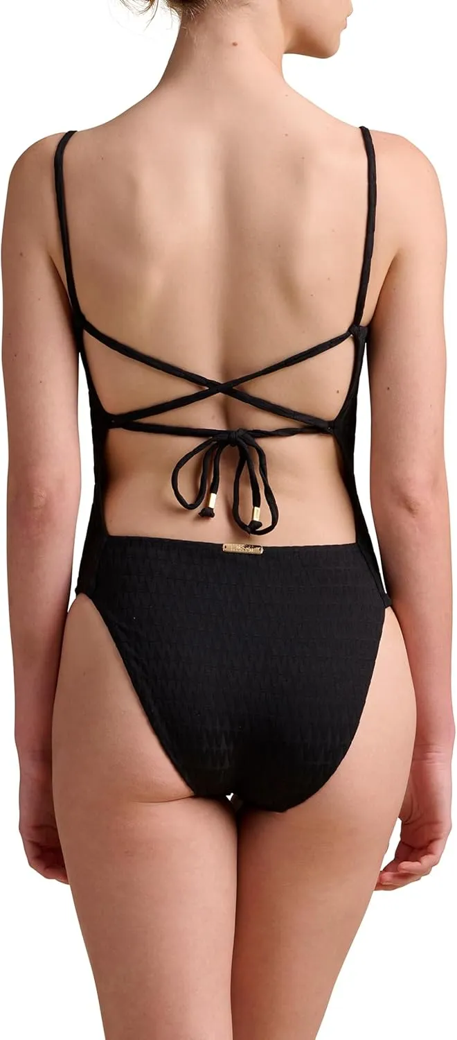 Wolford Logo Swim Beach Body for Women W Logo Shape High Cut Leg Openings Criss-Cross Back Gold Signature Beads Swimwear
