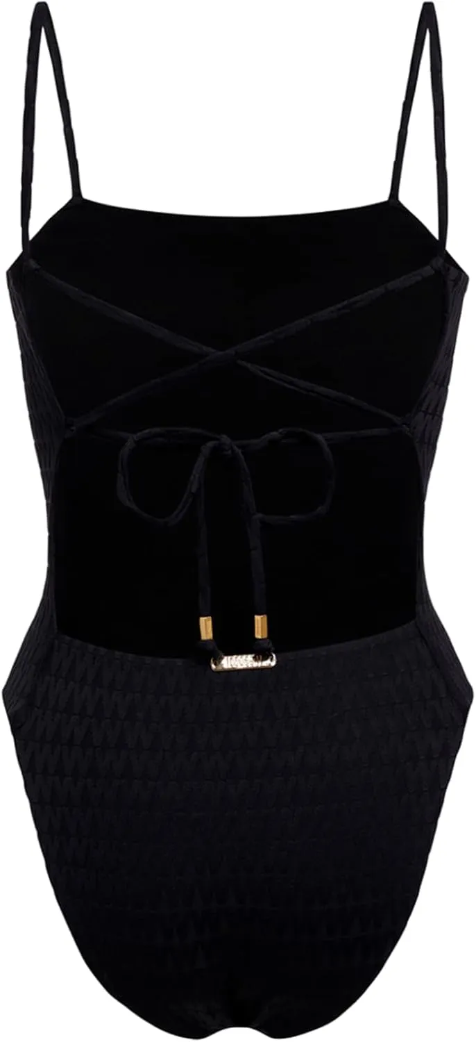 Wolford Logo Swim Beach Body for Women W Logo Shape High Cut Leg Openings Criss-Cross Back Gold Signature Beads Swimwear