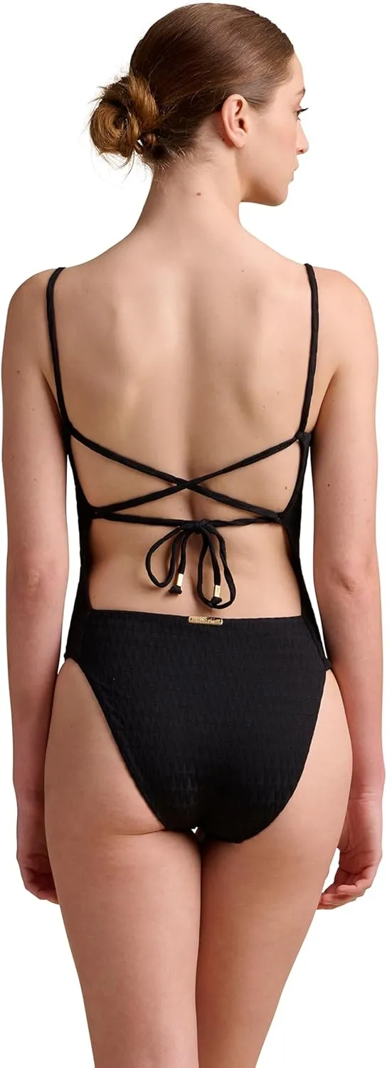 Wolford Logo Swim Beach Body for Women W Logo Shape High Cut Leg Openings Criss-Cross Back Gold Signature Beads Swimwear