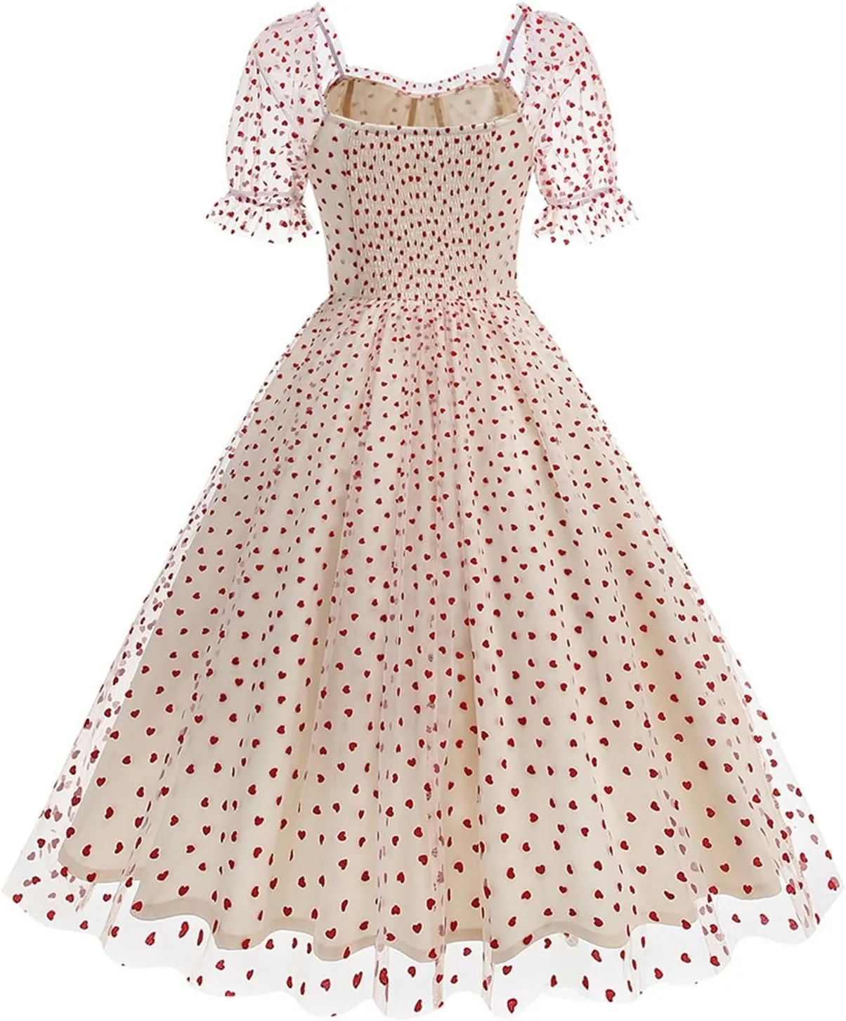 Women 1950s Vintage Puff Sleeve Heart Tulle Mesh Homecoming Swing Dress Lace Up Wedding Guest Cocktail Tea Party Dresses
