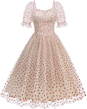 Women 1950s Vintage Puff Sleeve Heart Tulle Mesh Homecoming Swing Dress Lace Up Wedding Guest Cocktail Tea Party Dresses