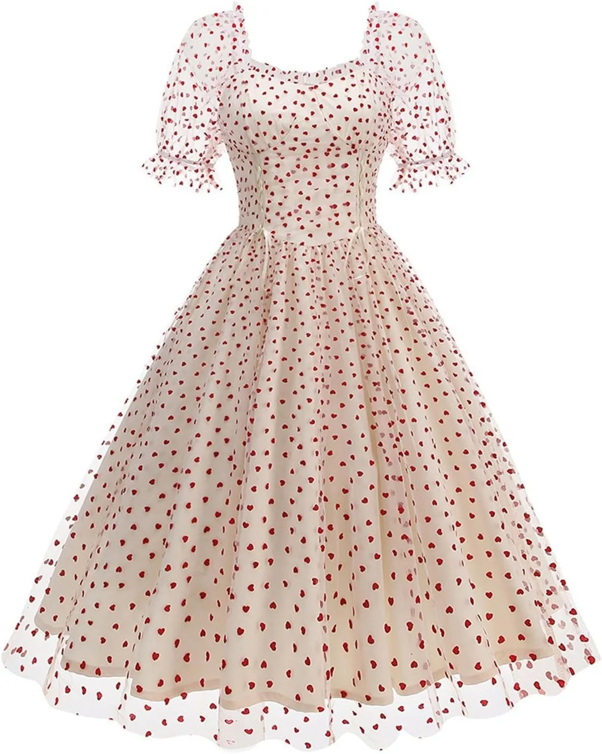 Women 1950s Vintage Puff Sleeve Heart Tulle Mesh Homecoming Swing Dress Lace Up Wedding Guest Cocktail Tea Party Dresses