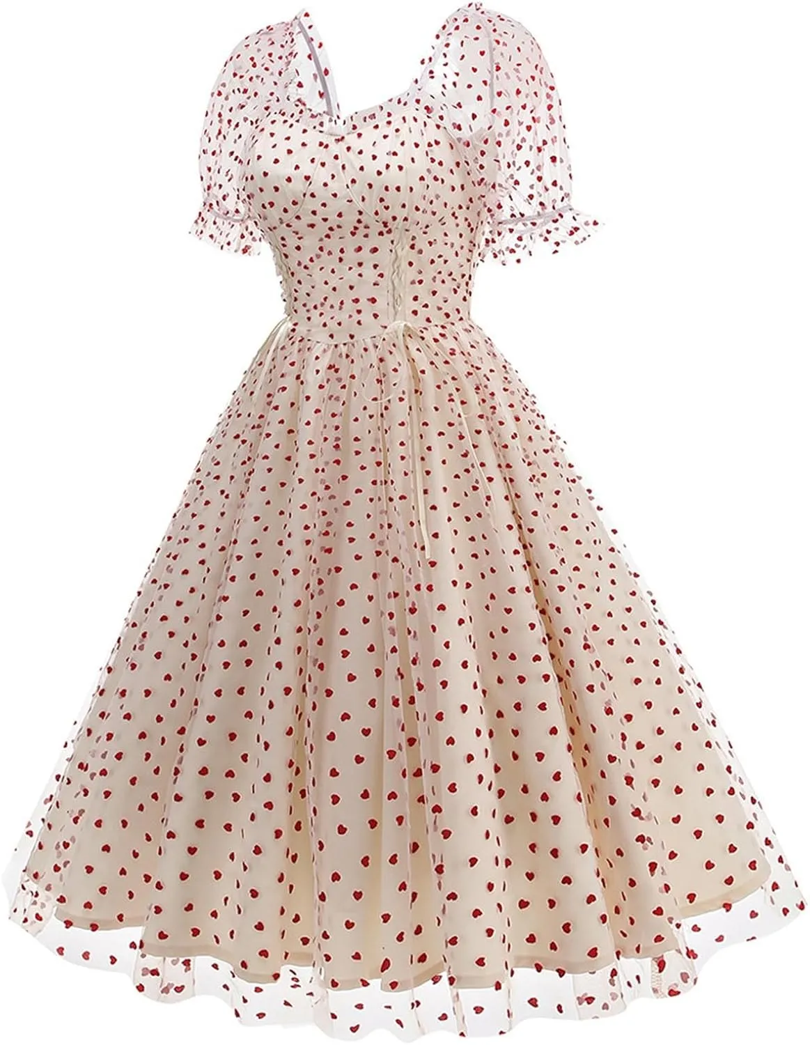 Women 1950s Vintage Puff Sleeve Heart Tulle Mesh Homecoming Swing Dress Lace Up Wedding Guest Cocktail Tea Party Dresses