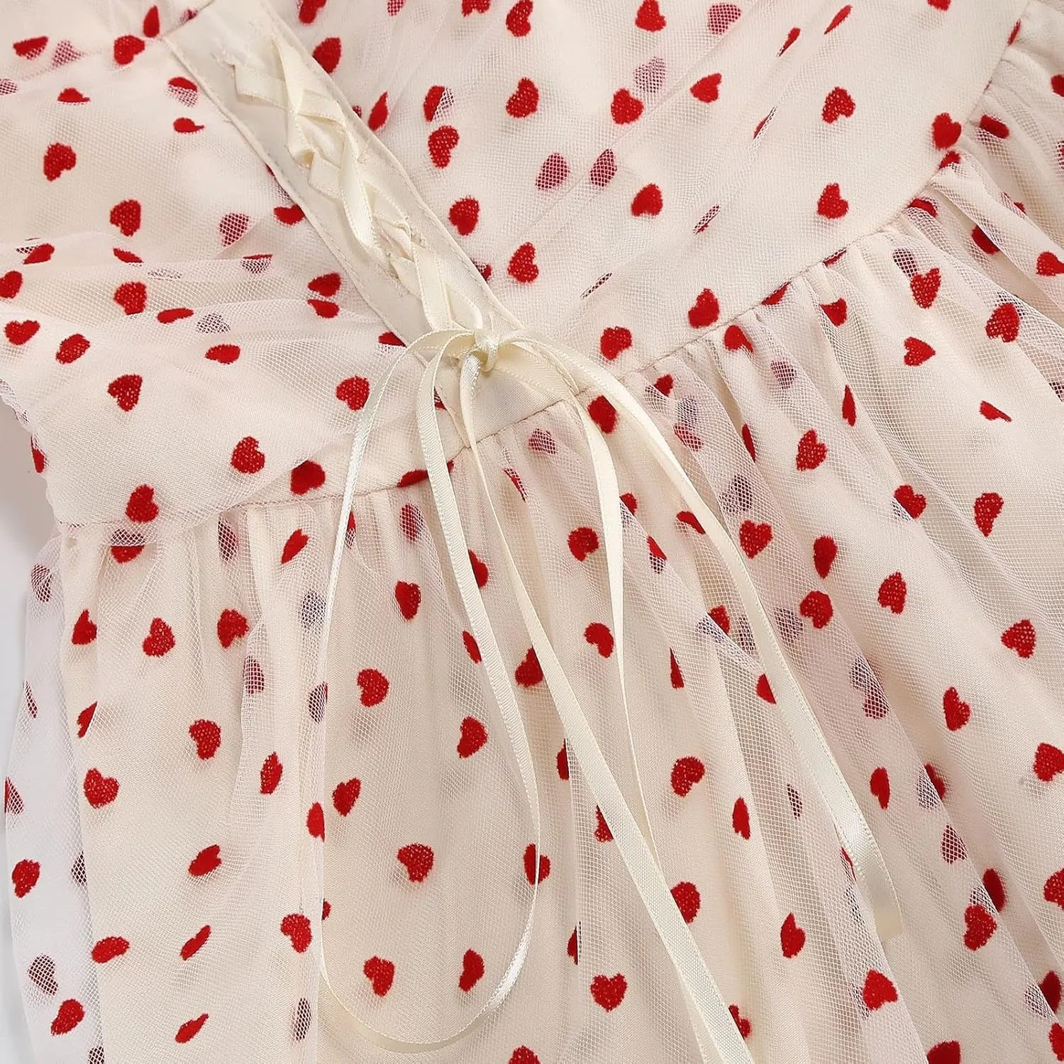 Women 1950s Vintage Puff Sleeve Heart Tulle Mesh Homecoming Swing Dress Lace Up Wedding Guest Cocktail Tea Party Dresses