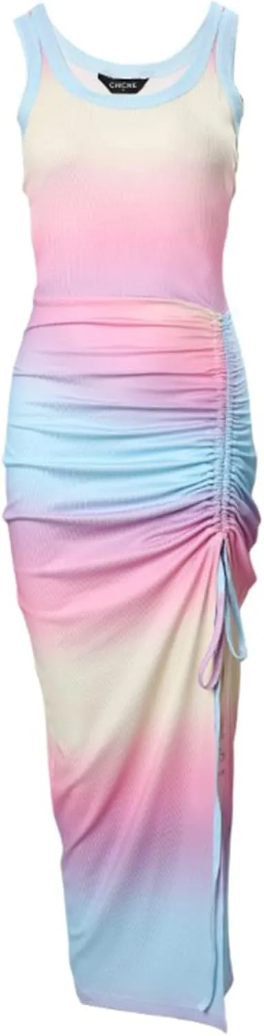 Women Crewneck Sleeveless Midi Dress Striped Contras Sundress Regular Fit 2024 Fashion Beach Maxi Dress