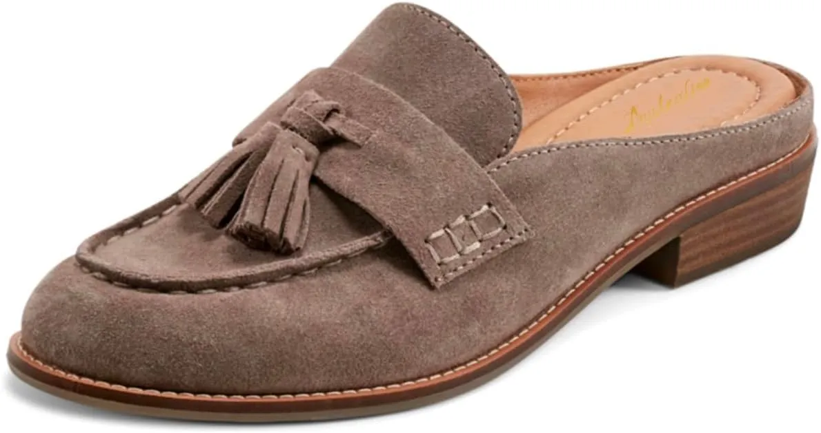 Women Flat Tassel Mules Closed Round Toe Slip On Fringe Loafers Backless 1 Inch Low Chunky Stacked Heeled Sandals Suede Metallic Slip-Ons Clogs Comfy Slide Slippers Daily Casual 4-11 M US