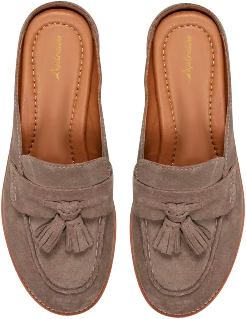 Women Flat Tassel Mules Closed Round Toe Slip On Fringe Loafers Backless 1 Inch Low Chunky Stacked Heeled Sandals Suede Metallic Slip-Ons Clogs Comfy Slide Slippers Daily Casual 4-11 M US