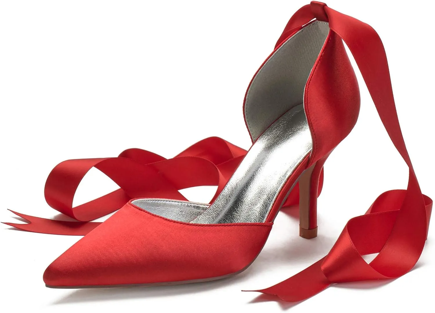 Women Ladies Pointed Toe Satin Stiletto High Heel Ribbons Ankle Strap Wedding Bride Dress Court Shoes Sandals