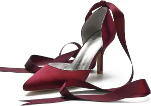 Women Ladies Pointed Toe Satin Stiletto High Heel Ribbons Ankle Strap Wedding Bride Dress Court Shoes Sandals