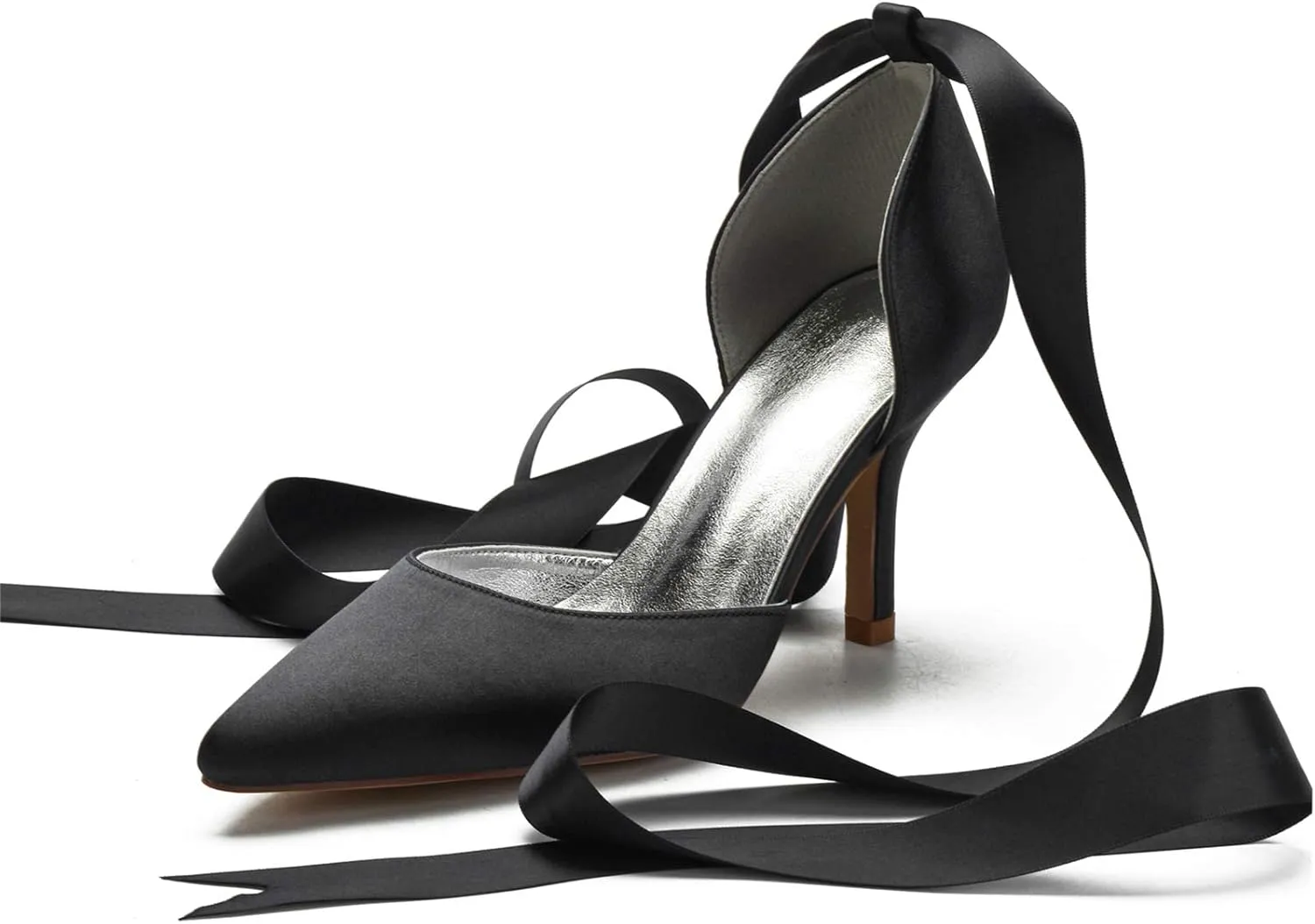 Women Ladies Pointed Toe Satin Stiletto High Heel Ribbons Ankle Strap Wedding Bride Dress Court Shoes Sandals