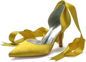 Women Ladies Pointed Toe Satin Stiletto High Heel Ribbons Ankle Strap Wedding Bride Dress Court Shoes Sandals