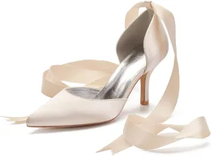 Women Ladies Pointed Toe Satin Stiletto High Heel Ribbons Ankle Strap Wedding Bride Dress Court Shoes Sandals