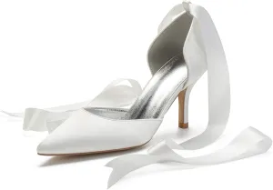 Women Ladies Pointed Toe Satin Stiletto High Heel Ribbons Ankle Strap Wedding Bride Dress Court Shoes Sandals