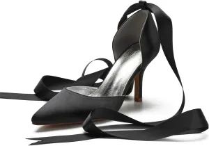 Women Ladies Pointed Toe Satin Stiletto High Heel Ribbons Ankle Strap Wedding Bride Dress Court Shoes Sandals