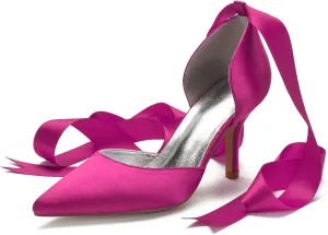 Women Ladies Pointed Toe Satin Stiletto High Heel Ribbons Ankle Strap Wedding Bride Dress Court Shoes Sandals