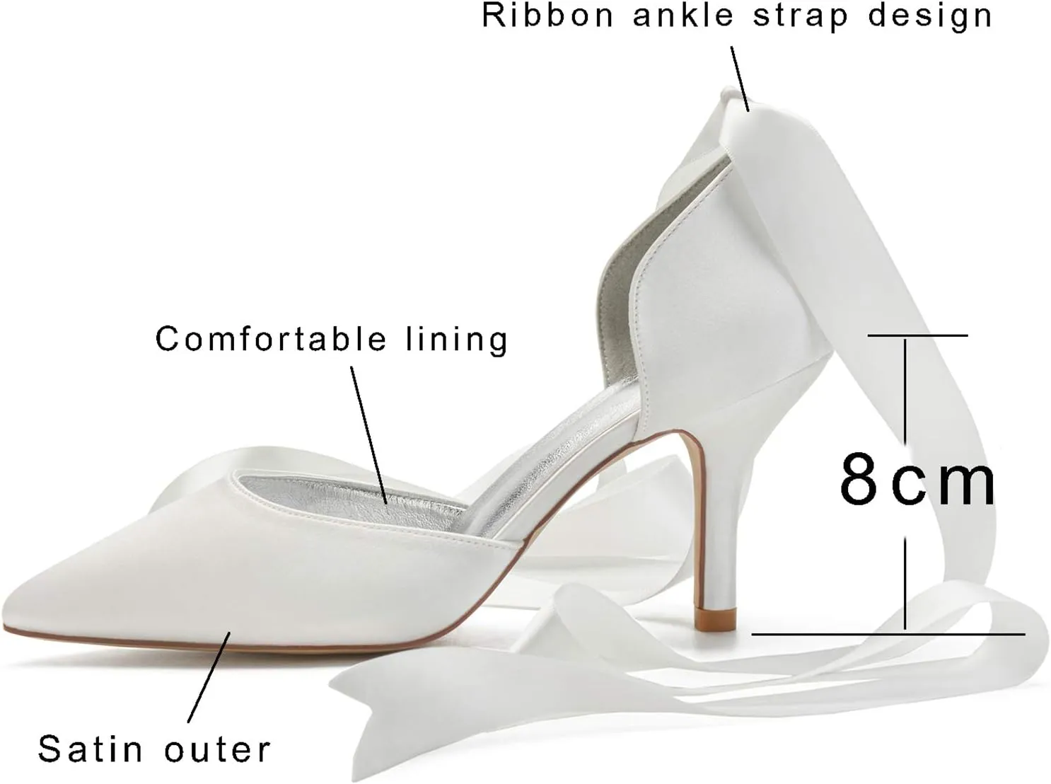 Women Ladies Pointed Toe Satin Stiletto High Heel Ribbons Ankle Strap Wedding Bride Dress Court Shoes Sandals