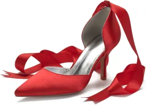 Women Ladies Pointed Toe Satin Stiletto High Heel Ribbons Ankle Strap Wedding Bride Dress Court Shoes Sandals