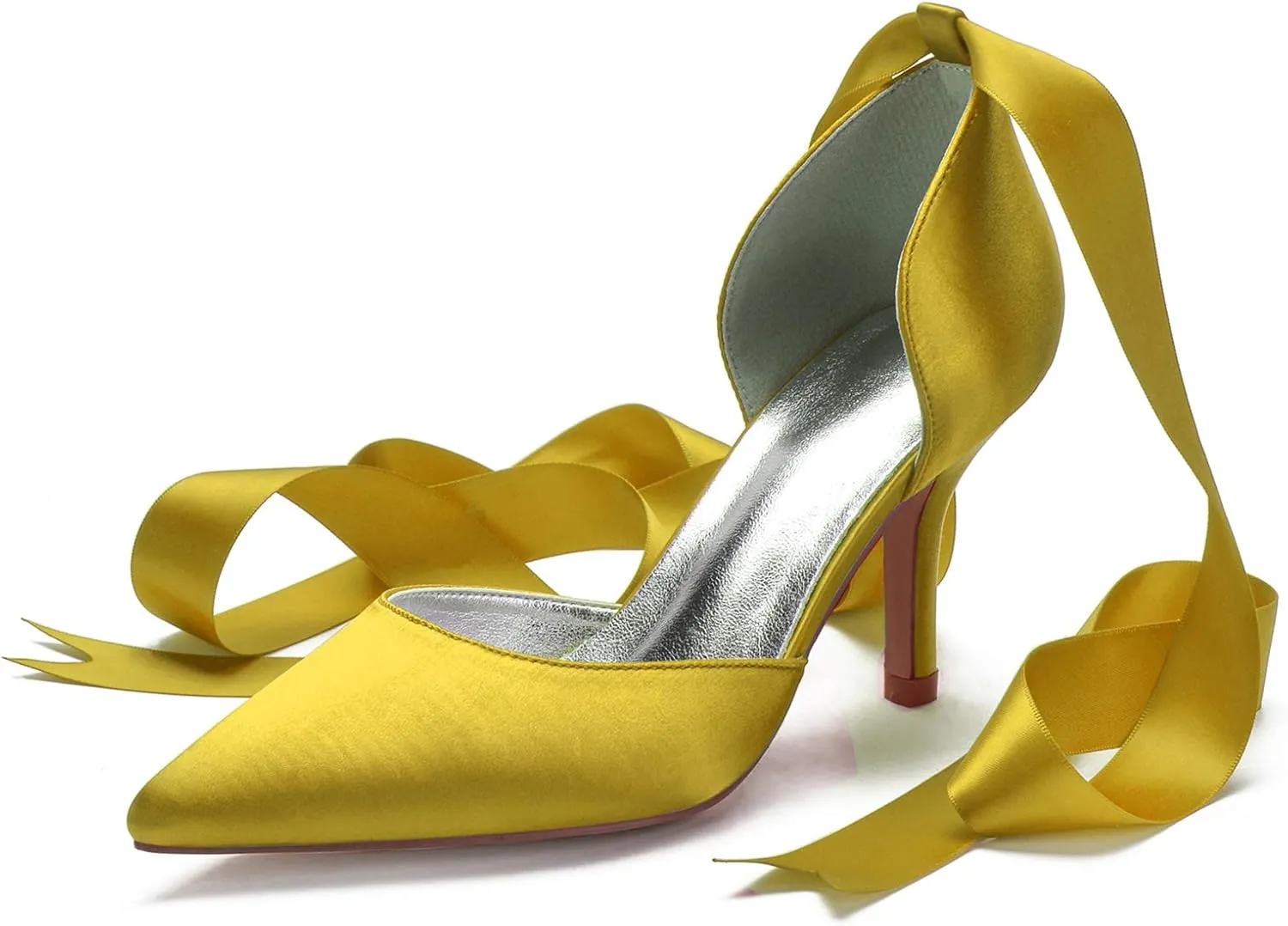 Women Ladies Pointed Toe Satin Stiletto High Heel Ribbons Ankle Strap Wedding Bride Dress Court Shoes Sandals
