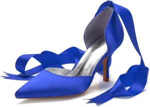 Women Ladies Pointed Toe Satin Stiletto High Heel Ribbons Ankle Strap Wedding Bride Dress Court Shoes Sandals