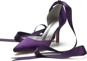 Women Ladies Pointed Toe Satin Stiletto High Heel Ribbons Ankle Strap Wedding Bride Dress Court Shoes Sandals