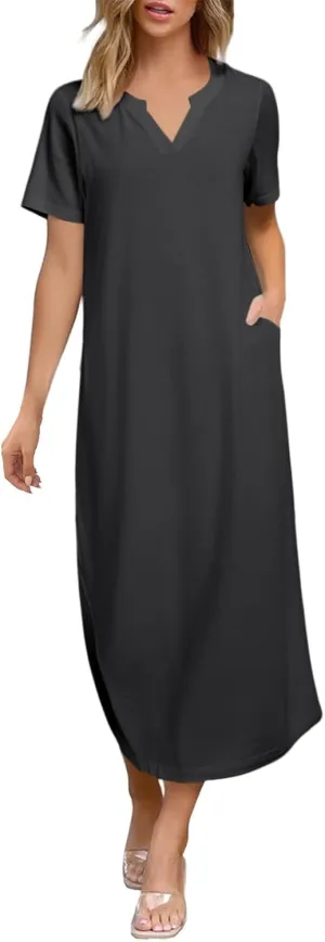 Women Long Maxi Dress Short Sleeve Split Long Tshirt Dress Casual Summer Loose V Neck Sundress with Pockets