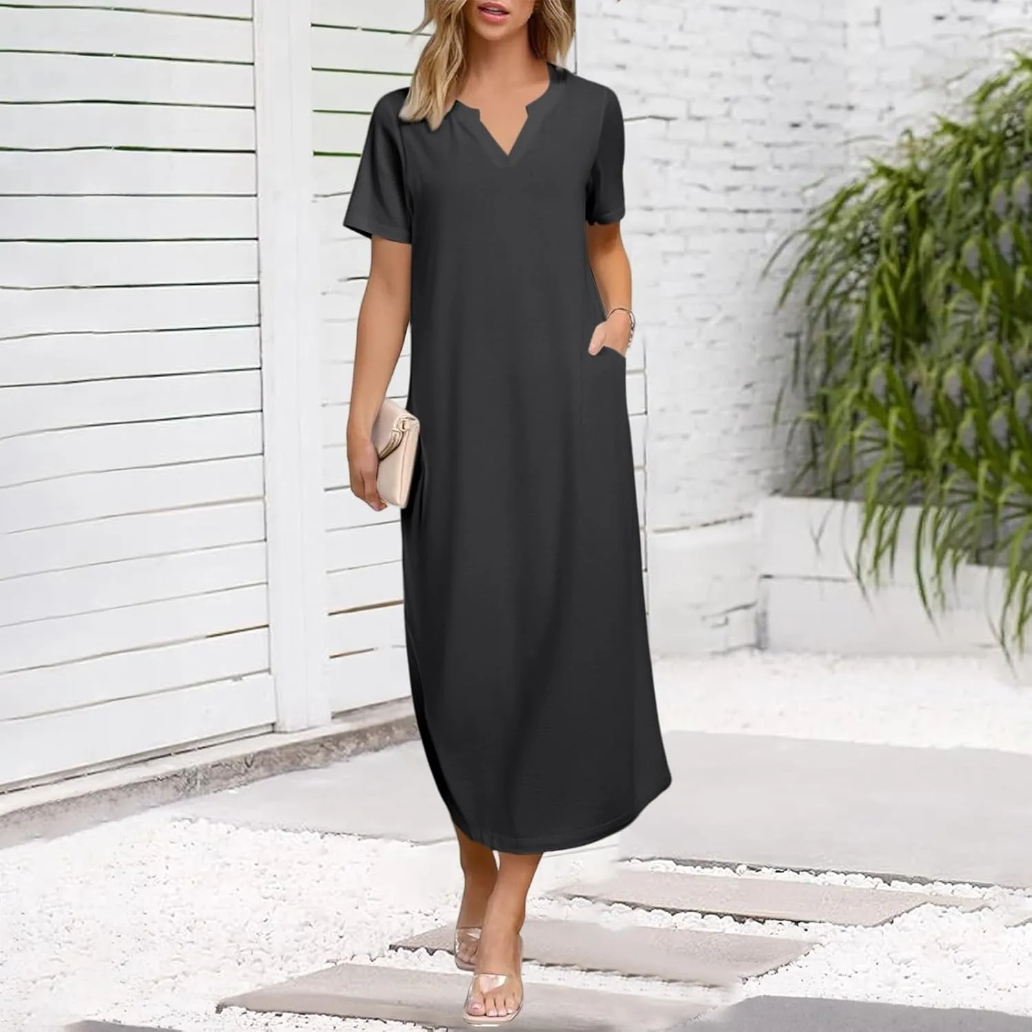 Women Long Maxi Dress Short Sleeve Split Long Tshirt Dress Casual Summer Loose V Neck Sundress with Pockets