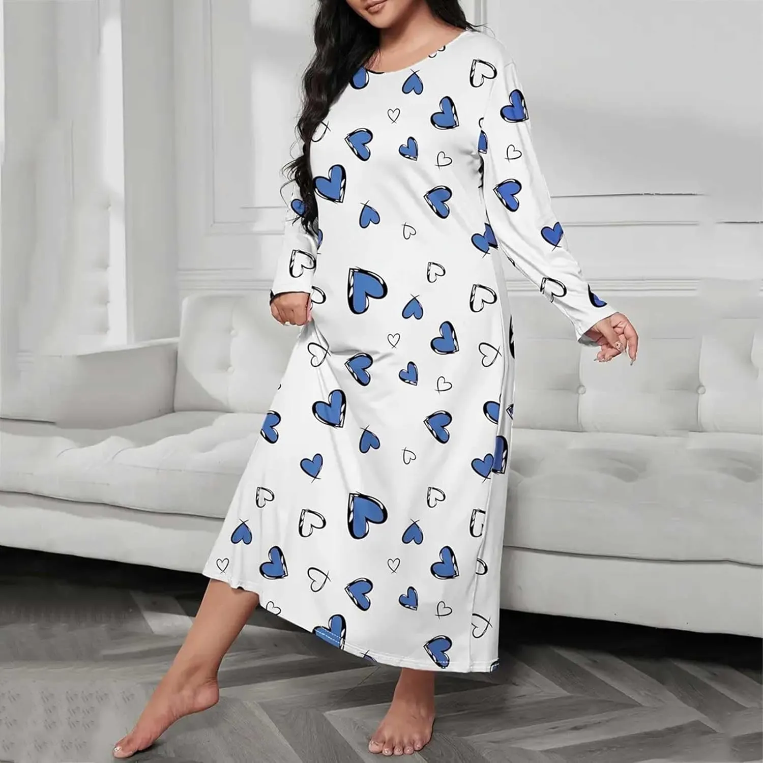 Women Long Sleeve Print Shoulder Drop Oversize Casual Long Sleepwear Dress Sleeve Tee Trendy Cute Daily Pajamas Night