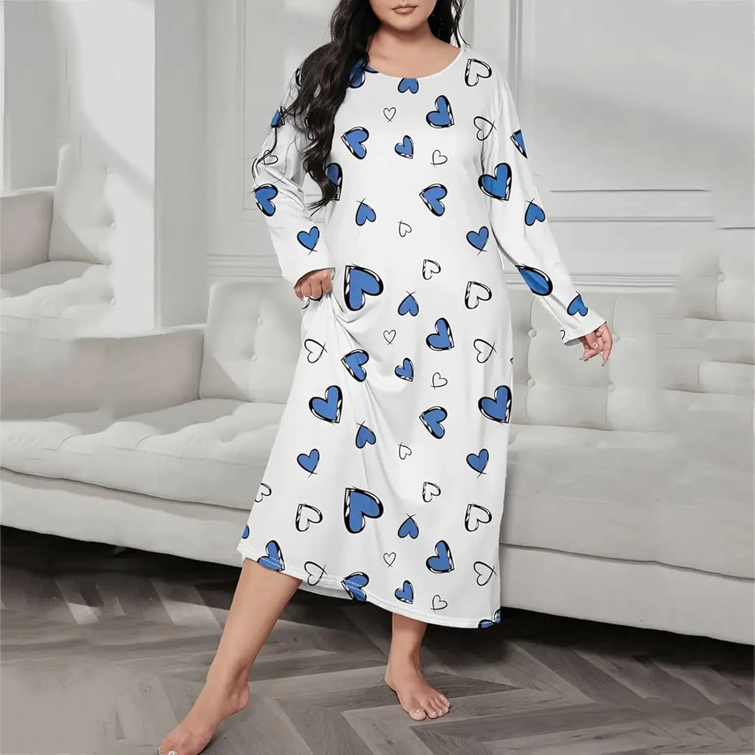 Women Long Sleeve Print Shoulder Drop Oversize Casual Long Sleepwear Dress Sleeve Tee Trendy Cute Daily Pajamas Night