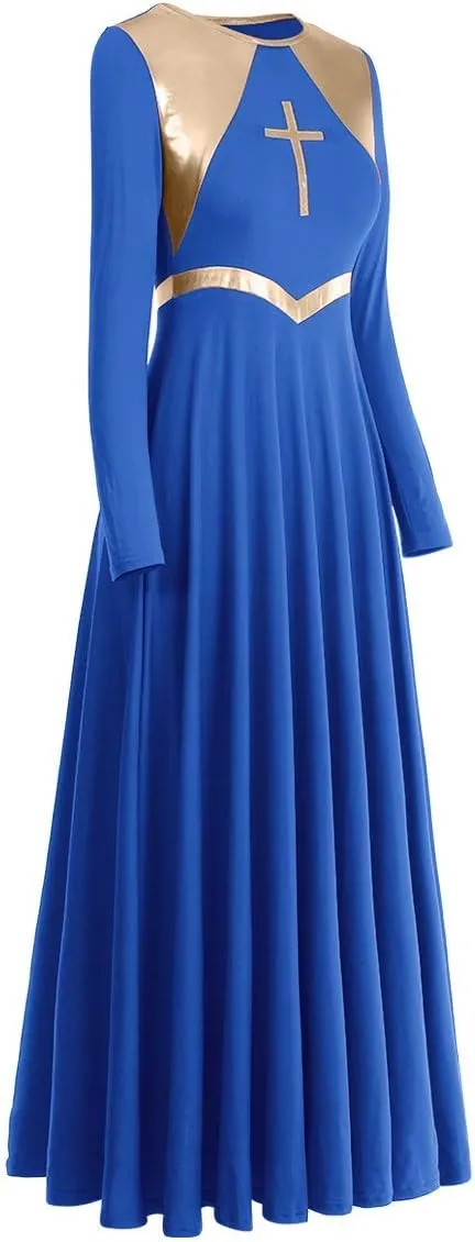 Women Metallic Cross Liturgical Praise Dance Dress Lyrical Dancewear Color Block Full Length Robe Worship Costume