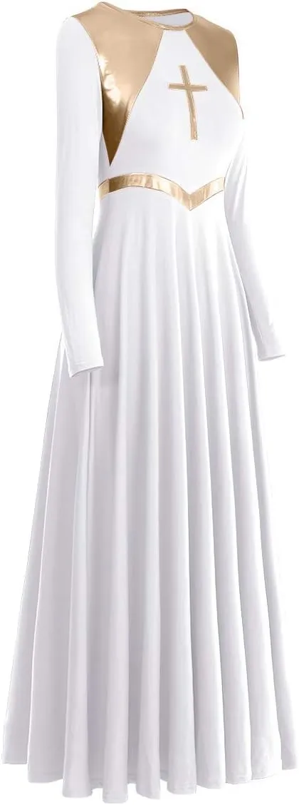 Women Metallic Cross Liturgical Praise Dance Dress Lyrical Dancewear Color Block Full Length Robe Worship Costume