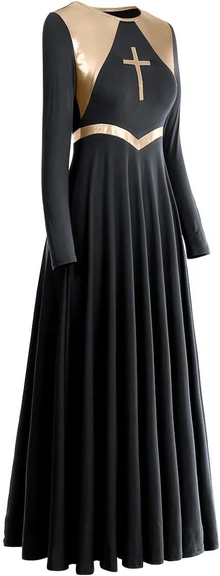 Women Metallic Cross Liturgical Praise Dance Dress Lyrical Dancewear Color Block Full Length Robe Worship Costume