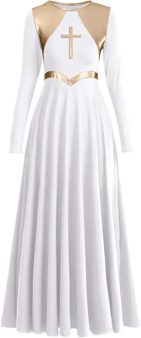 Women Metallic Cross Liturgical Praise Dance Dress Lyrical Dancewear Color Block Full Length Robe Worship Costume