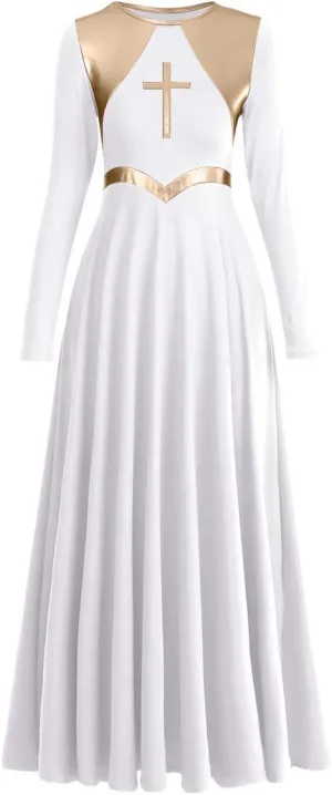 Women Metallic Cross Liturgical Praise Dance Dress Lyrical Dancewear Color Block Full Length Robe Worship Costume