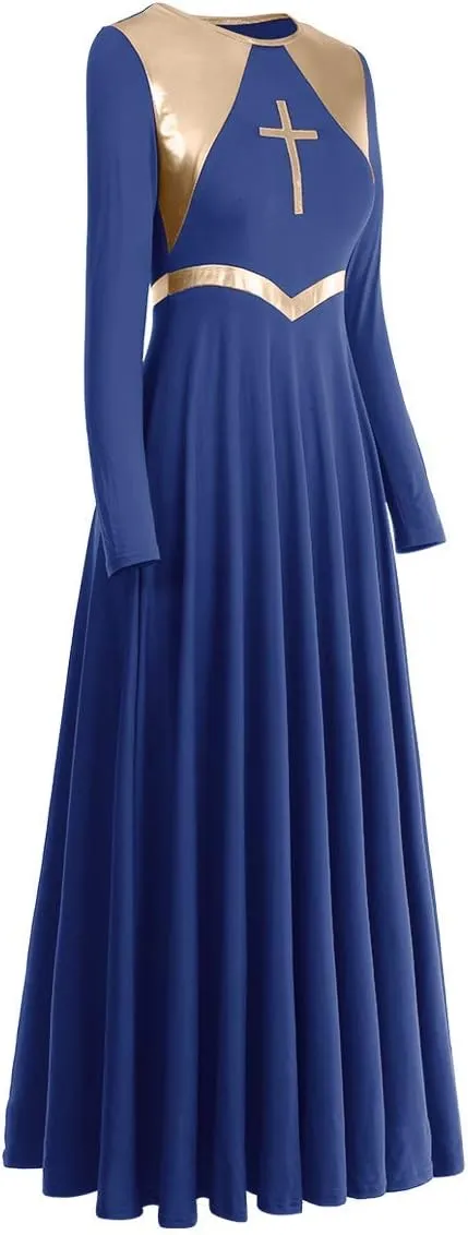 Women Metallic Cross Liturgical Praise Dance Dress Lyrical Dancewear Color Block Full Length Robe Worship Costume