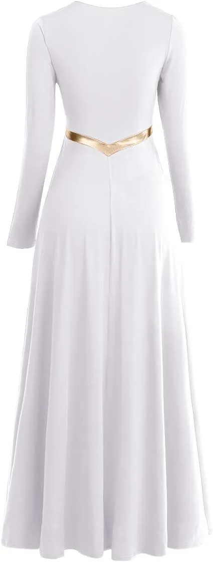 Women Metallic Cross Liturgical Praise Dance Dress Lyrical Dancewear Color Block Full Length Robe Worship Costume