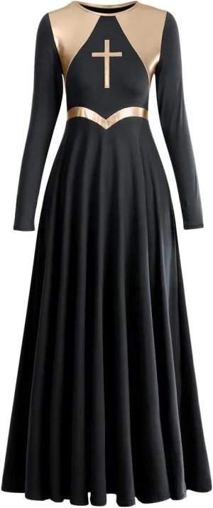 Women Metallic Cross Liturgical Praise Dance Dress Lyrical Dancewear Color Block Full Length Robe Worship Costume