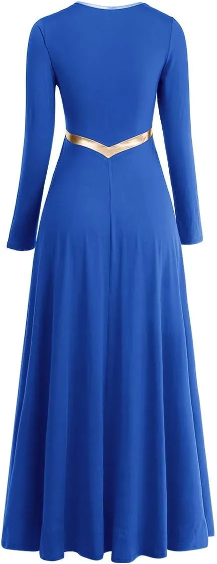 Women Metallic Cross Liturgical Praise Dance Dress Lyrical Dancewear Color Block Full Length Robe Worship Costume