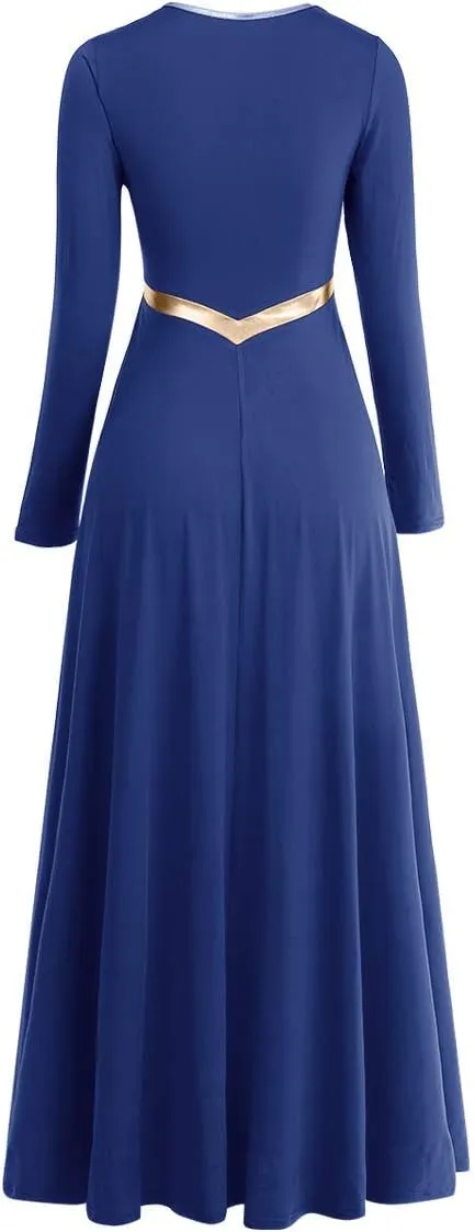 Women Metallic Cross Liturgical Praise Dance Dress Lyrical Dancewear Color Block Full Length Robe Worship Costume
