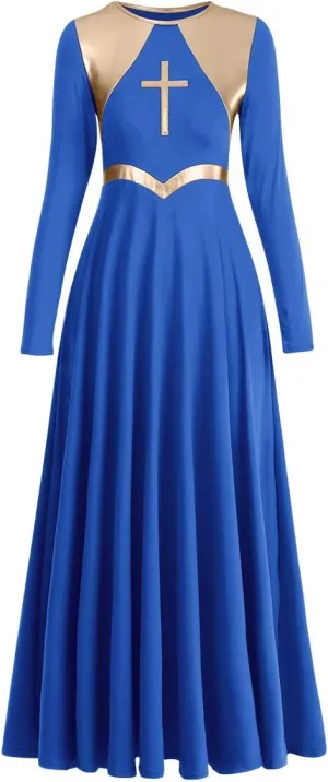 Women Metallic Cross Liturgical Praise Dance Dress Lyrical Dancewear Color Block Full Length Robe Worship Costume