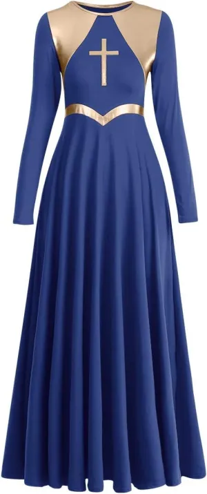 Women Metallic Cross Liturgical Praise Dance Dress Lyrical Dancewear Color Block Full Length Robe Worship Costume