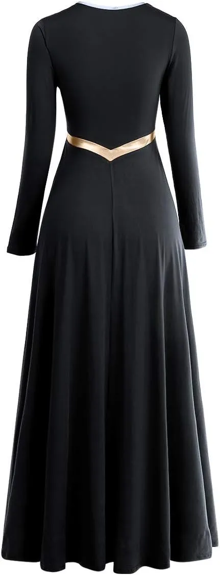 Women Metallic Cross Liturgical Praise Dance Dress Lyrical Dancewear Color Block Full Length Robe Worship Costume