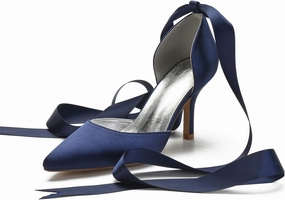 Women Ladies Pointed Toe Satin Stiletto High Heel Ribbons Ankle Strap Wedding Bride Dress Court Shoes Sandals