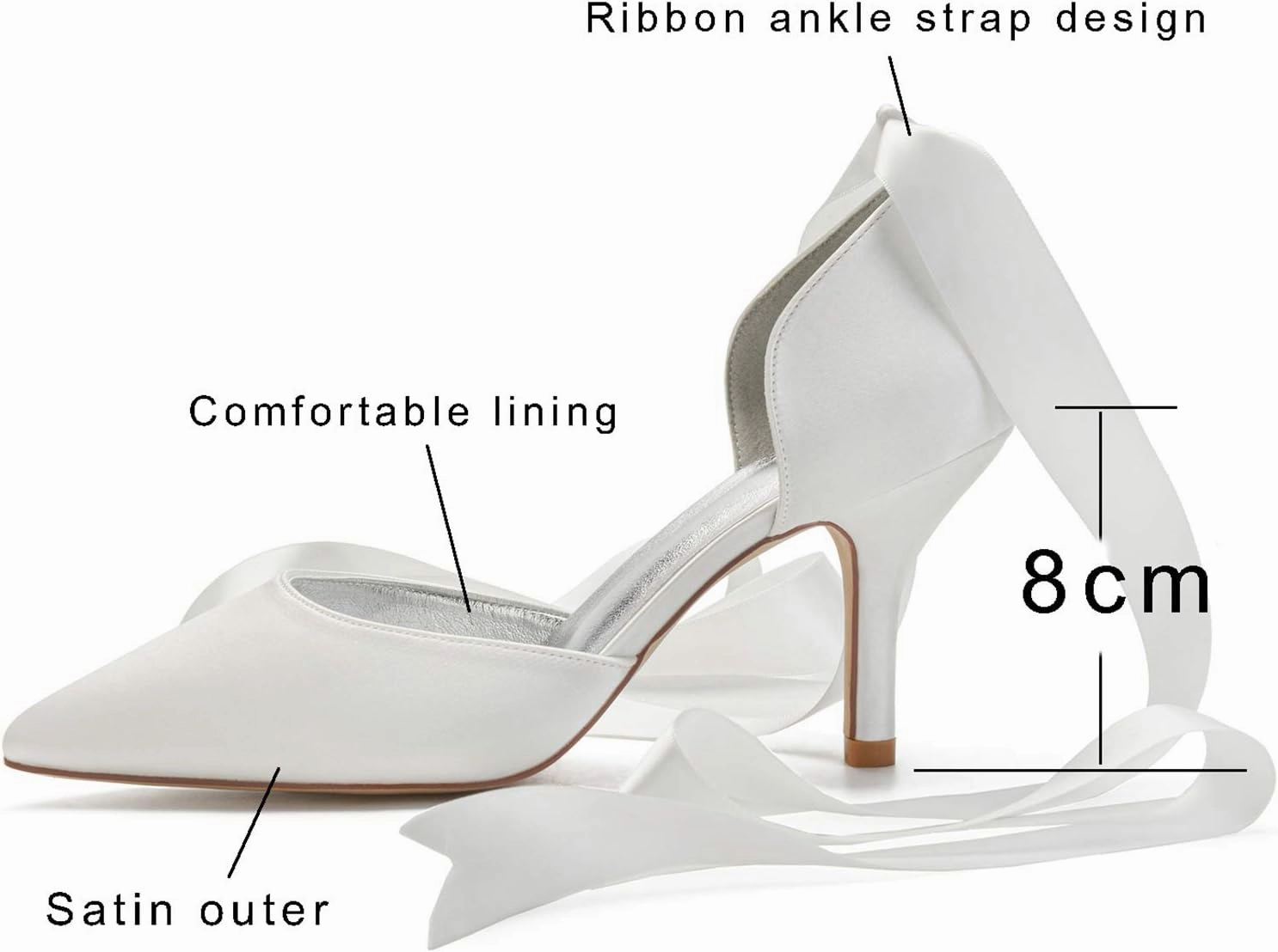 Women Ladies Pointed Toe Satin Stiletto High Heel Ribbons Ankle Strap Wedding Bride Dress Court Shoes Sandals