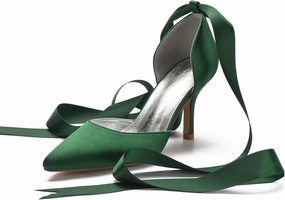 Women Ladies Pointed Toe Satin Stiletto High Heel Ribbons Ankle Strap Wedding Bride Dress Court Shoes Sandals