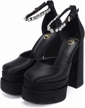 Women's Chunky Block Heels Platform Shoes Closed Toe Thick Heel Pumps of Ankle Strip with Rhinestone for Women Silk Satin Sandals