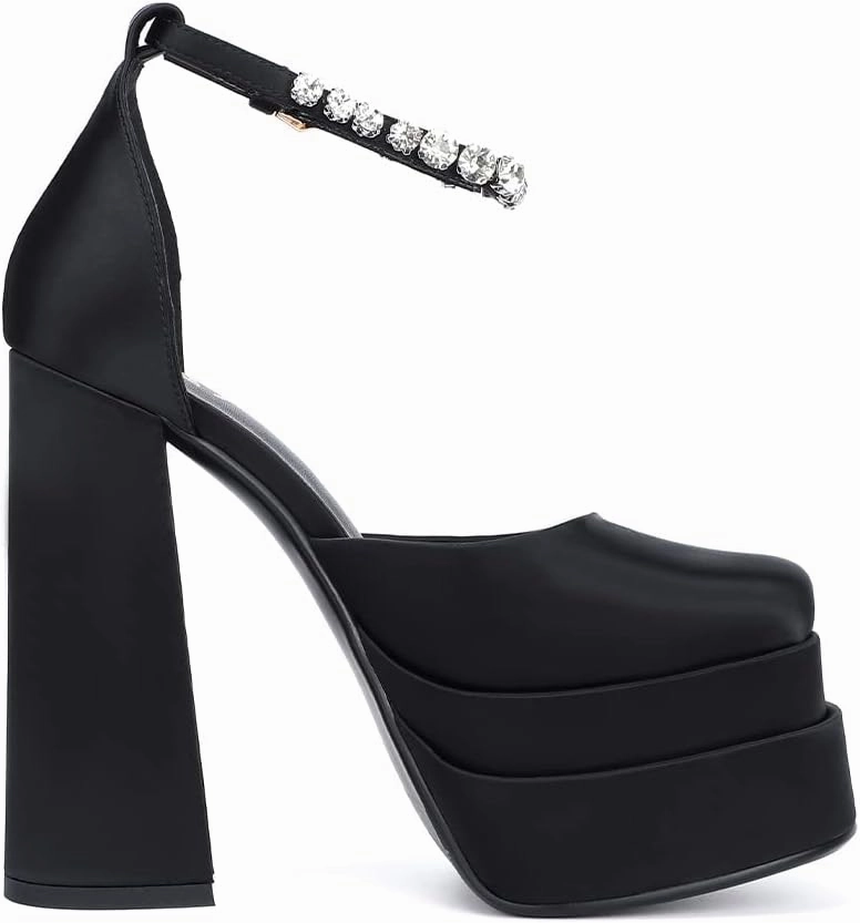 Women's Chunky Block Heels Platform Shoes Closed Toe Thick Heel Pumps of Ankle Strip with Rhinestone for Women Silk Satin Sandals