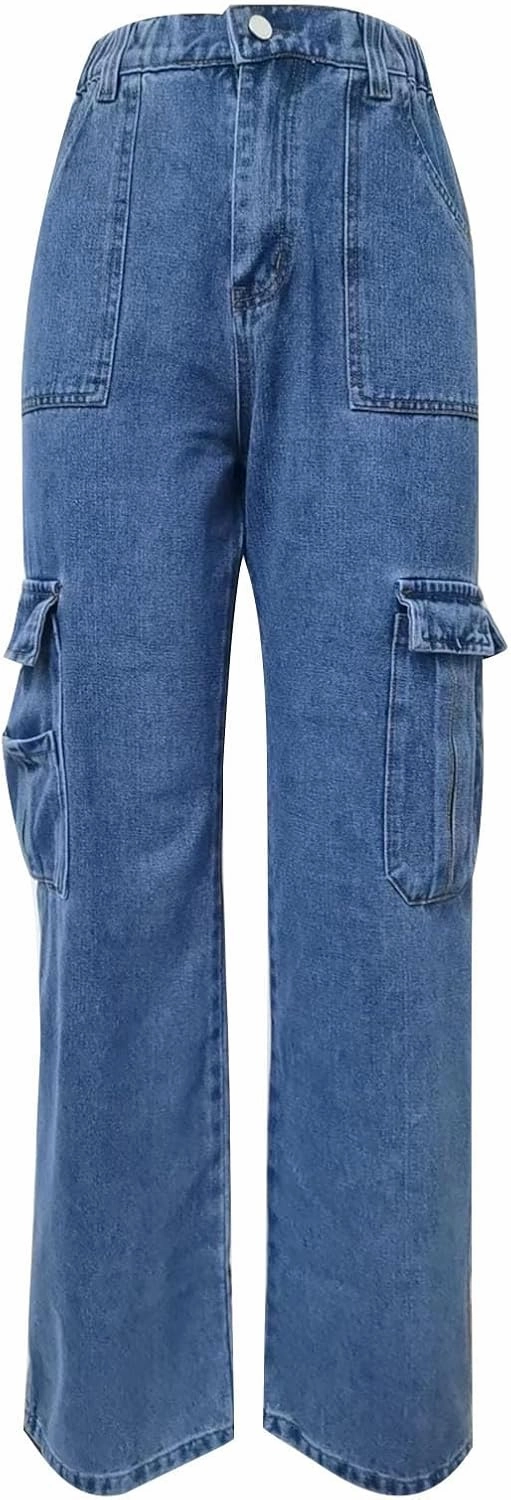 Women's High Waisted Cargo Jeans Flap Pocket Denim Cargo Pants Straight Leg Streetwear Trousers y2k Clothes