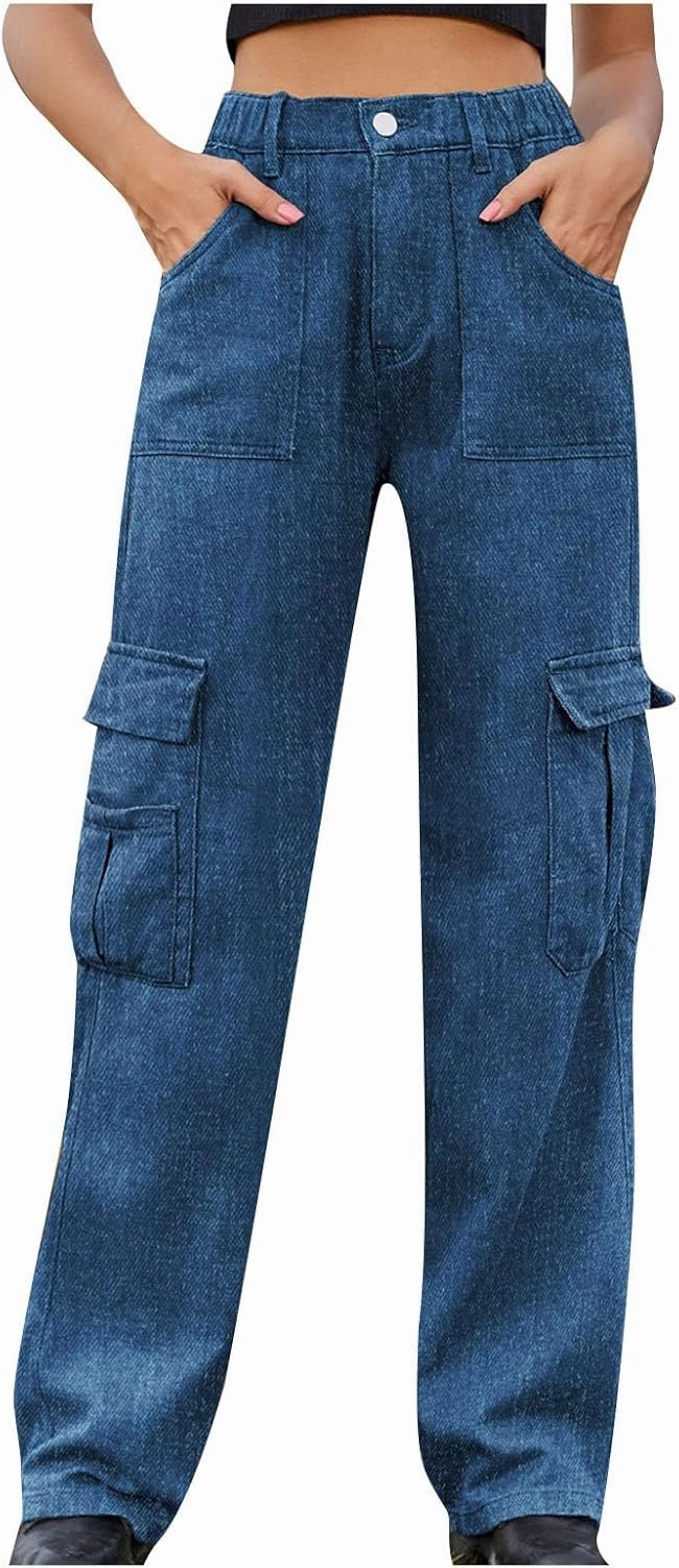 Women's High Waisted Cargo Jeans Flap Pocket Denim Cargo Pants Straight Leg Streetwear Trousers y2k Clothes