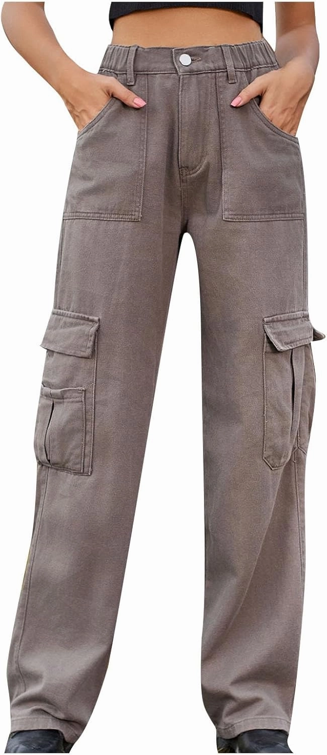 Women's High Waisted Cargo Jeans Flap Pocket Denim Cargo Pants Straight Leg Streetwear Trousers y2k Clothes
